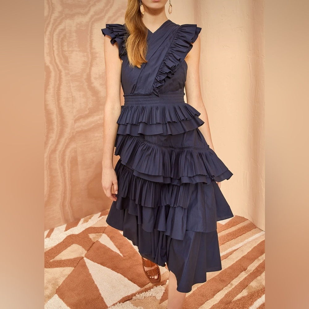 Ulla Johnson Aurore Dress - Navy Cotton Ruffle Midi 
Size 4